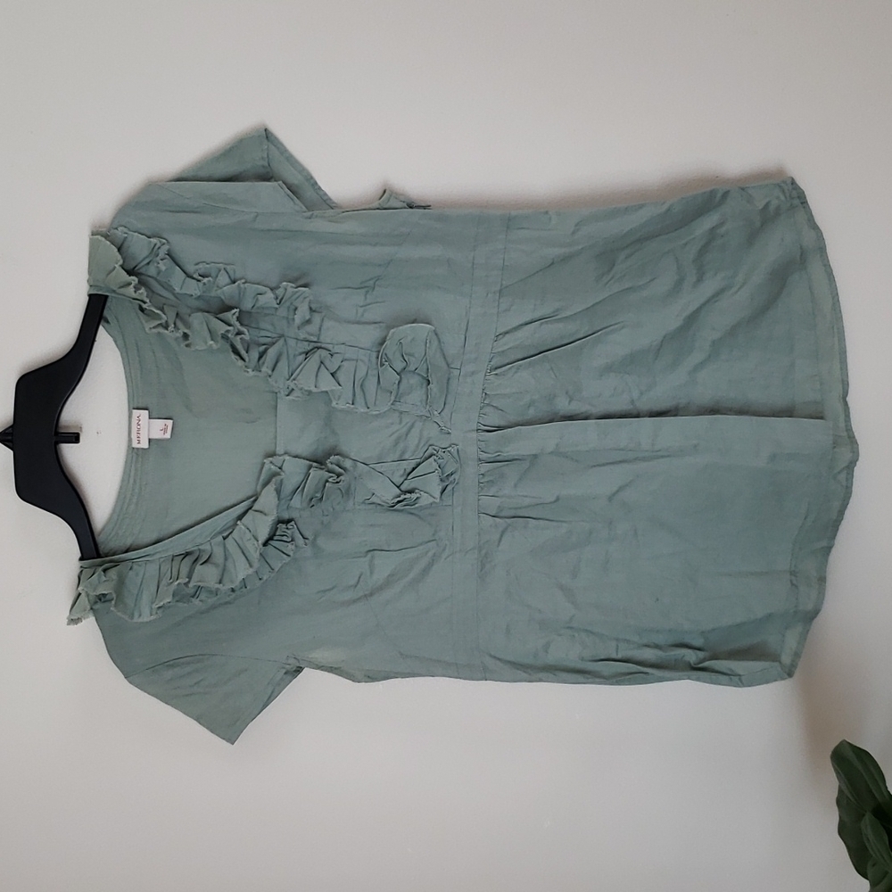 Merona Y2K empire, ruffle neck, cap sleeve, zipper side, light green top. Sz L